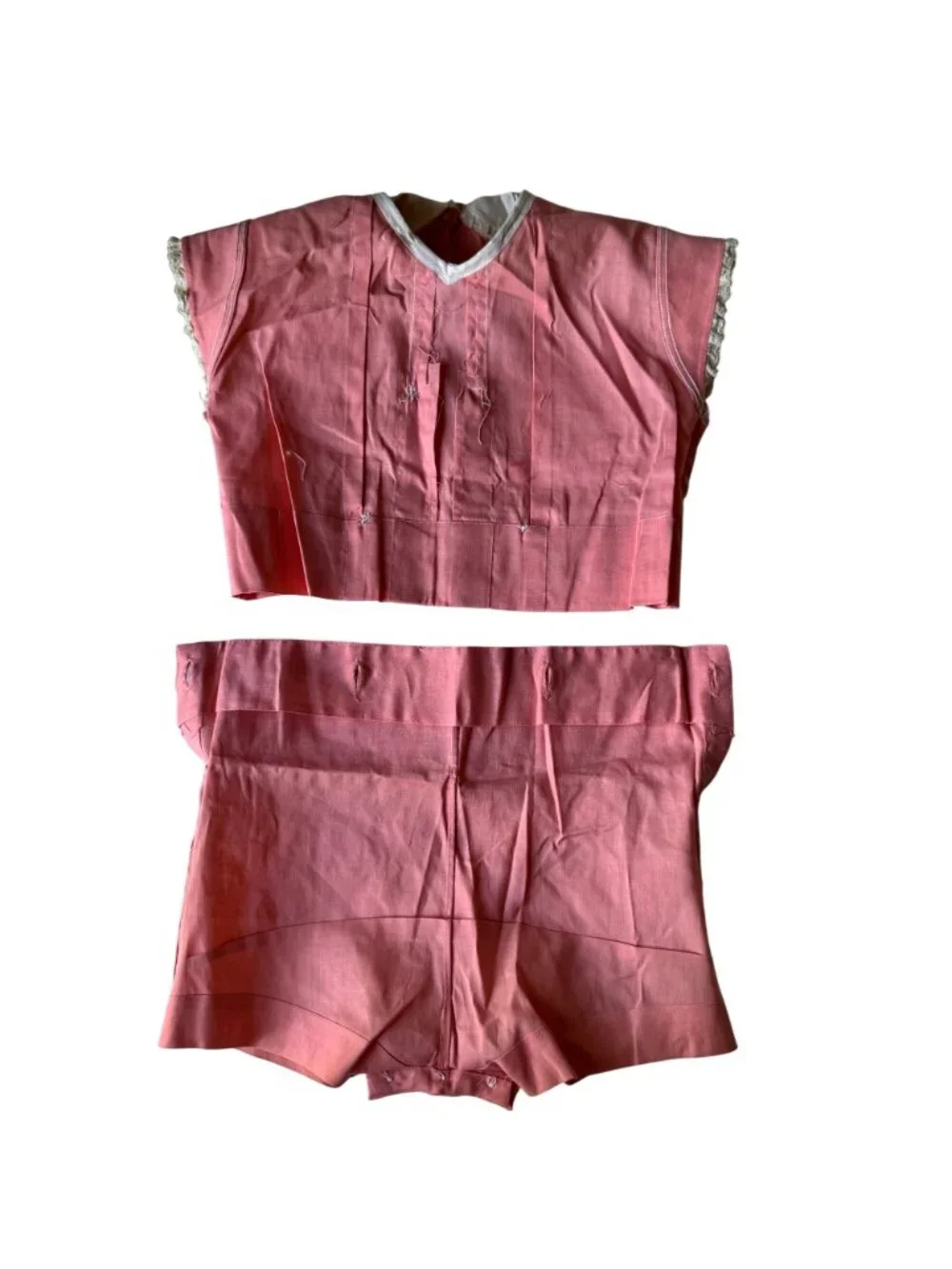 Vintage 1940s Childs Peach Pink Romper Shorts Lace Trim & Buttons 2 Piece